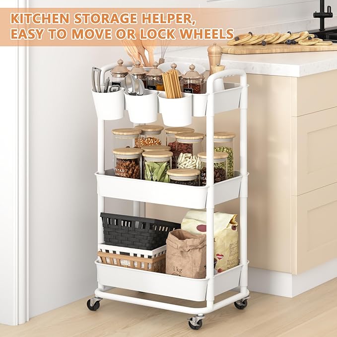 JIUYOTREE 3-Tier Plastic Rolling Storage Cart Utility Cart with Extra Hanging Cups Handles Lockable Wheels for Living Room Bathroom Kitchen Office White