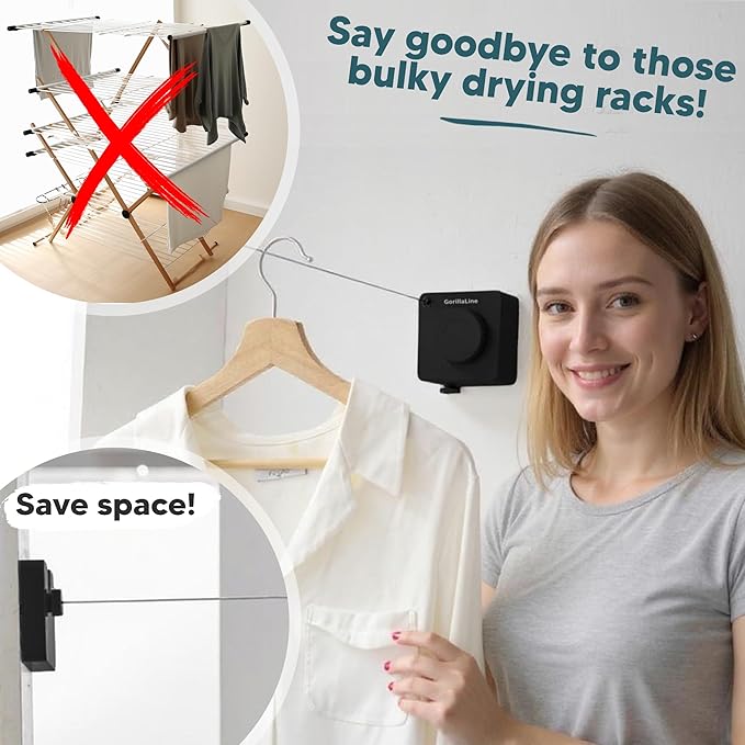 GorillaLine Basic - Retractable Clothesline Indoor Outdoor Clothes Line - Heavy Duty Clothes Drying Laundry Line - Wall Mounted Drying Rack - Air Dry Clothing - 15ft line Max Tighten with GorillaGrip