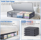 TasticTotes Under Bed Storage Containers, 4 Pack Blanket Storage Bags, Collapsible Storage Bags with Big Zippers, Clear Front, Shoe Storage and Organization for Clothes, Comforter, 75L, Grey
