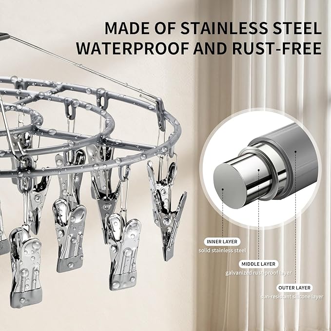 PHYDELU Clothes Drying Rack with 24 Clips， Hanger Sock Underwear Laundry Hangers Hanging Herb Dryer Ropa Socks Clothing Stainless Bras Wet Racks Secar Flower Baby Lingerie Portatil Secador Colgar