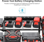 CCCEI Large Garage Tools Storage with Charging Station. Power Tool Battery Organizer Utility Shelf with Power Strip. 4 Drills Holder Wall Mount Rack.