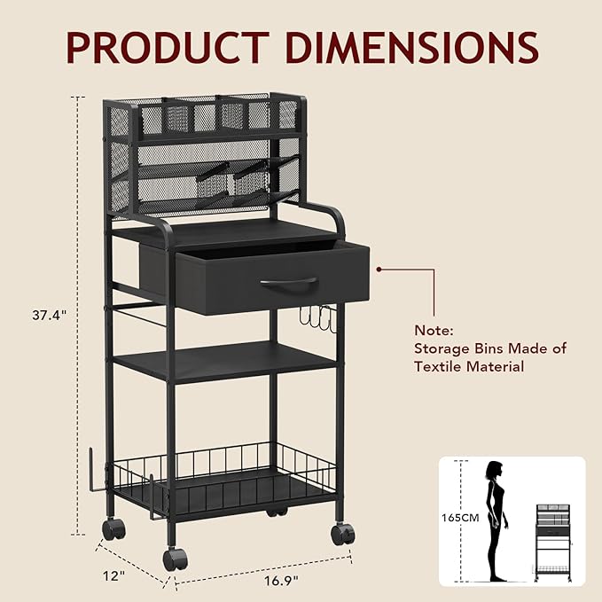 Art cart, 3 Tier Rolling Cart - Utility Cart with Storage Drawer and Wheels, Versatile Art & Craft Organizer for Home, Office, or Studio Ideal for Storing Brushes, Paints (Black)