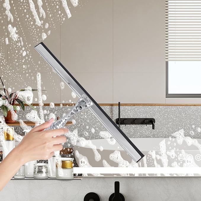 12" Silver Shower Squeegee with Hammered Handle & Waterproof Hook for Glass Doors, Silicone Bathroom Tile Wall and Car Window - Streak-Free Handheld Squeegee