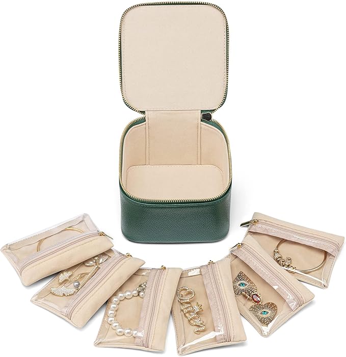 Vlando Jewelry Travel Case,Travel Jewelry Organizer with Clear Velvet Jewelry Bags 6Pcs Zipper Pouch for Women Girl Christmas Wedding Gift-Green