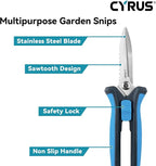 CYRUS Pruning Shears 8" Hand Gardening Scissors Extended Straight Carbon Blades Trimming Precision Bud Scissors with Sharp Serrations Widely Used for Gardening, Hydroponics, Grow Tents-CYRUS