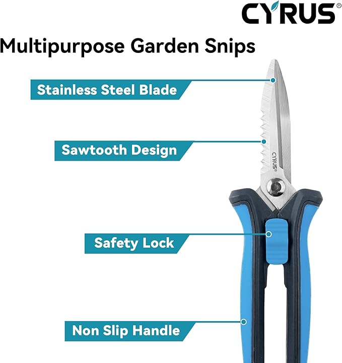 CYRUS Pruning Shears 8" Hand Gardening Scissors Extended Straight Carbon Blades Trimming Precision Bud Scissors with Sharp Serrations Widely Used for Gardening, Hydroponics, Grow Tents-CYRUS