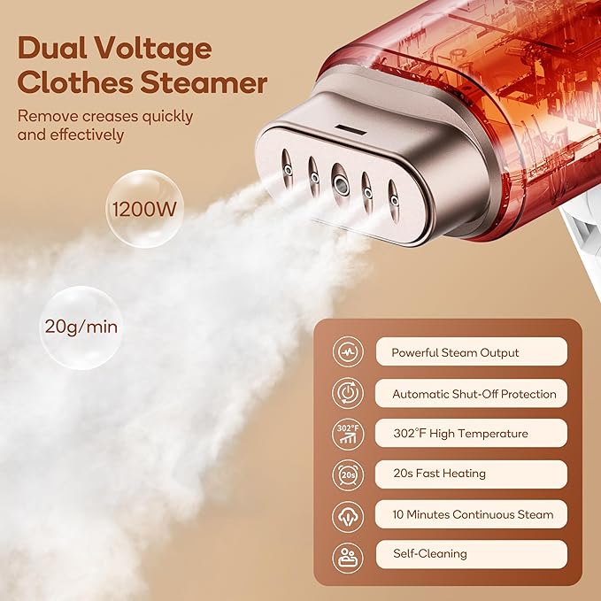 Newbealer Dual Voltage Garment Steamer - 120V/220V, 1200W Powerful Steamer for Clothes, Home & Travel Use, Horizontal & Vertical Steaming, 20s Heat-up, Foldable, 1.72lbs, 180ml (Gold)