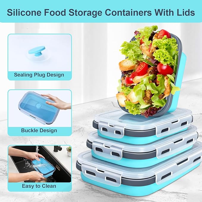 Collapsible Silicone Food Storage Containers with Lids, Collapsible Food Storage Containers, Camping Dishes,4 Pack Foldable Lunch Box for Leftovers, Meals, Snacks, Sky Blue