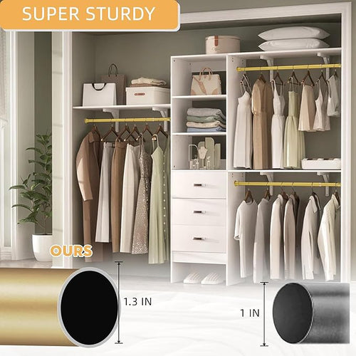 1.3 Inch Diameter Closet Rods for Hanging Clothes 17-75 Inch Adjustable, Metal Heavy Duty Closet Pole, Gold Closet Bar for Hanging Clothes, Suitable for Closet, Wardrobes, Bathroom, Windows