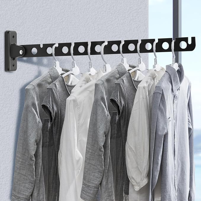 ACNISM Wall Mounted Clothes Rack, Laundry Room Hanging Rack, Retractable & Foldable Drying Rack with 180° Rotation, Space-Saver for Laundry Room & Bedroom, Bathroom Closet Storage, 2-Pack, Black