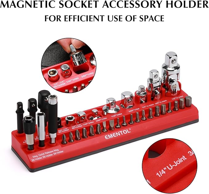 EMENTOL Magnetic Socket Accessory Holder, Red, 35 Pieces Holes, Organize Adapters, Universal Joints and Bits