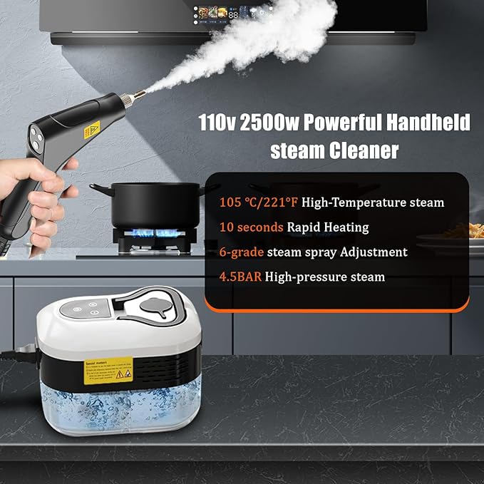 Steam Cleaner, Fast 10-Sec Heat-Up,1.2L Tank,6-Level Adjustable Handle,2500w Steamer for Cleaning, Handheld Steam Cleaner for Home, for Car Floors Kitchen Furniture Bathroom Windows (white)