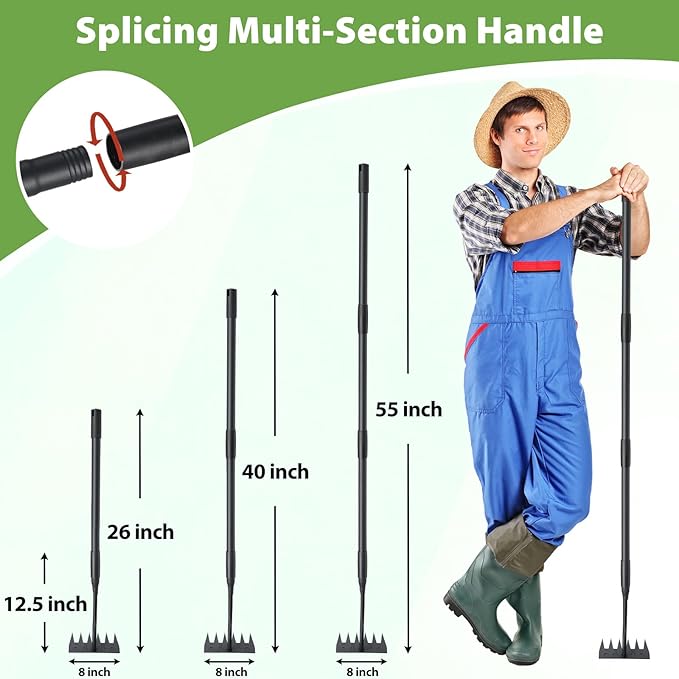 Manual Weeder Tool,6 Tines Garden Weeding Rake with Sharp Blade,55 Inch Long Handle,Heavy Duty Stand Weeding Tool for Weeding Loosening Soil Gathering Leaf Leveling Thatch Rake