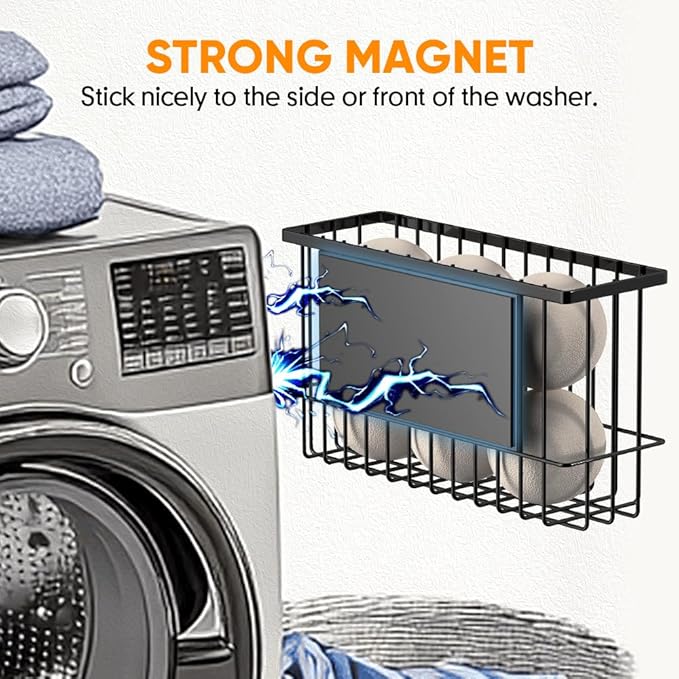 Magnetic Dryer Ball Holder for Laundry Room Organization and Storage, Magnetic Lint Bin for Laundry Room, Iron Dryer Ball Container for Laundry Room Storage (No Balls, Black)