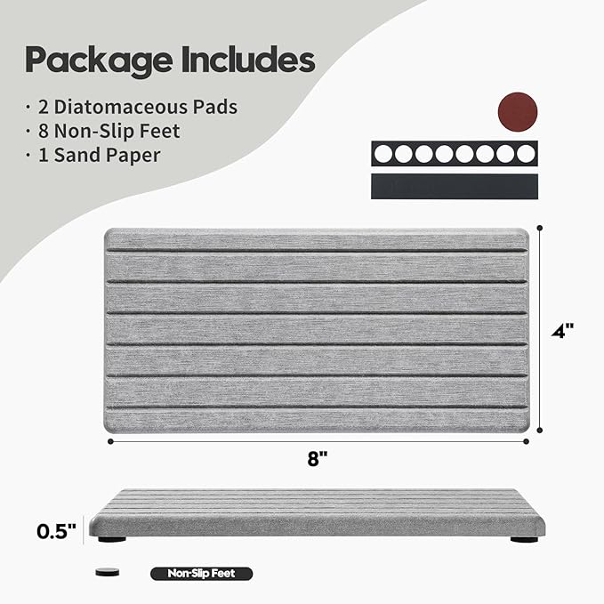 2PCS Instant Dry Diatomite Stone Counter Makeup Tray Organizer, Fast Drying Caddy Kitchen Sponge Holder Mat, Bathroom Vanity Toothbrush Bottle Dispenser Soap Dish Rack, Light Gray, 8"x 3.8"