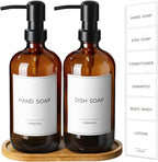 GMISUN Amber Glass Soap Dispenser, 2 Pack Bathroom Hand Soap Dispensers with Bamboo Tray, 17 Fl Oz Kitchen Hand and Dish Soap Dispenser Set, Modern Vintage Liquid Brown Soap Dispensers Bottle