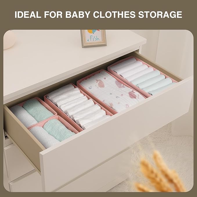 DIMJ Drawer Organizers - Set of 12 Fabric Closet Organizers and Storage, Drawer Dividers for Baby Clothes, Socks, Belt, Tie (Pink)