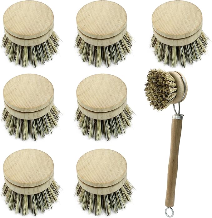 8Pcs Wooden Dish Brush Set, 8Pcs Bamboo Scrub Brush Replacement Heads and 1 Handle for Kitchen Pots and Pans Cleaning Supplies(Coconut Brown)