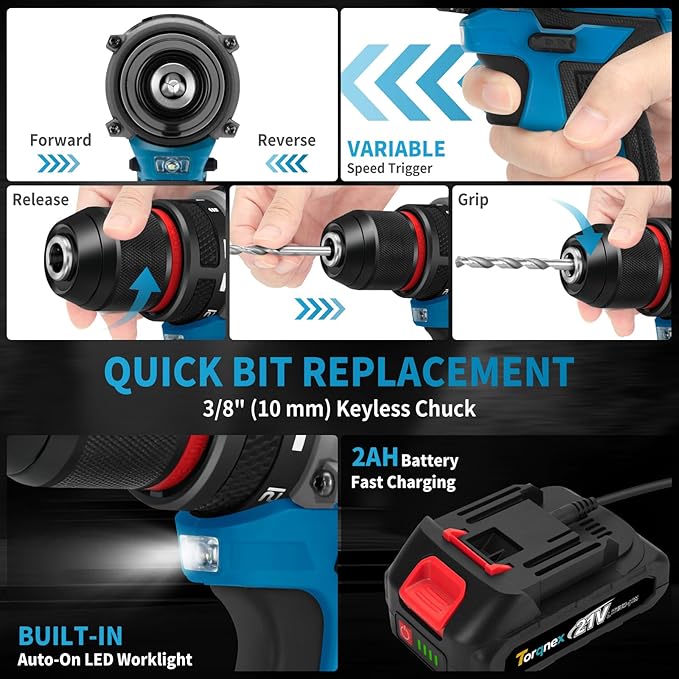 Cordless Drill, 21V Brushless Drill Tool Set with 2-Pack 2Ah Fast Charging Batteries, electric drill tool set, Screwdriver set for Home Renovation, Gardening Tools