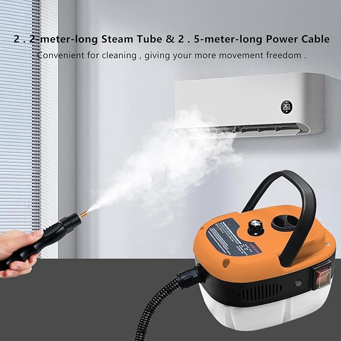Handheld Steam Cleaner, 2500W Pressurized Steam Cleaner with 3 Brush Heads, Portable Steam Cleaner for Home, Car, Furniture, Kitchen, Bathroom and Wall, Orange
