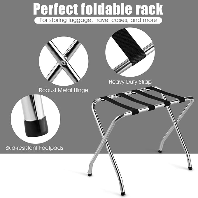 Tangkula Chrome Luggage Rack for Guest Room, No Assembly Required, Folding Metal Suitcase Stand with Nylon Belts, for Home Bedroom Guest Room Hotel, Luggage Rack, Silver (2)