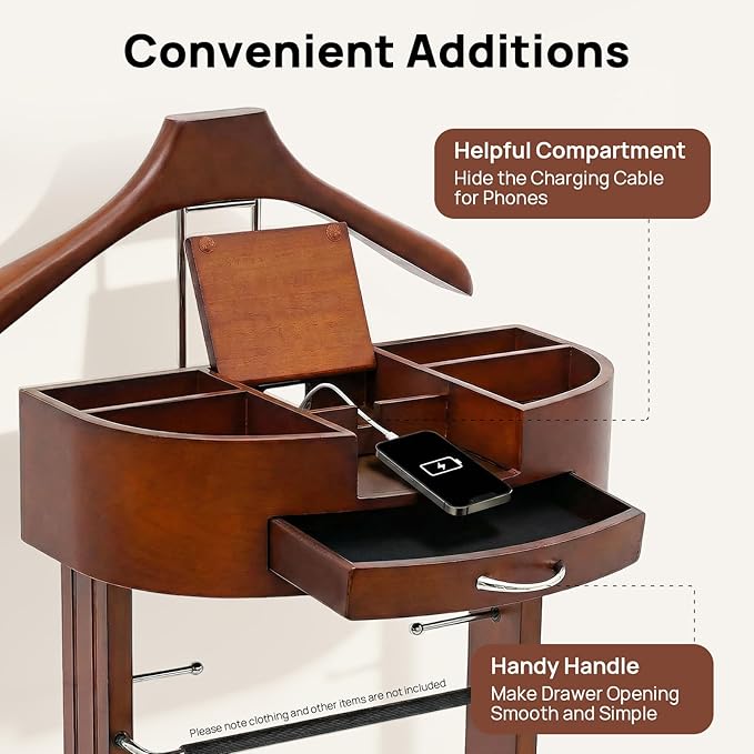 Wood Suit Rack, Freestanding Clothing Valet Stand Valet Stand Suit Racks Freestanding Wood Clothing Valets Stand Rack Organizer Clothes Butler for Bedroom Entryway Home Living Room Office