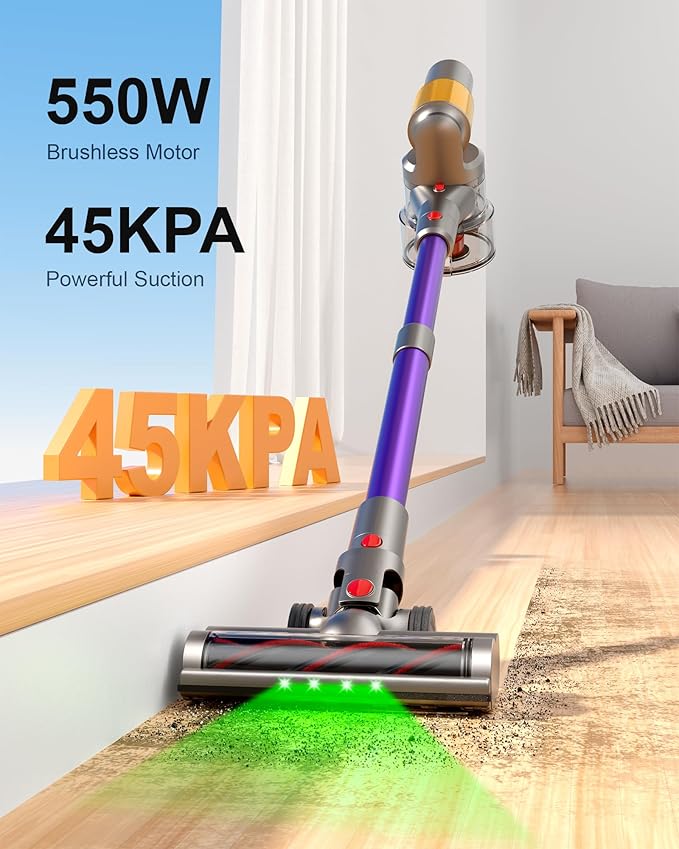 Cordless Vacuum Cleaner, 2 Batteries 120 Mins Runtime 45Kpa 550W, Stick Vacuum with Anti-Tangle Design, Self-Standing, Vacuum Cleaners for Home, Hardwood Floor, Carpet, Pet Hair