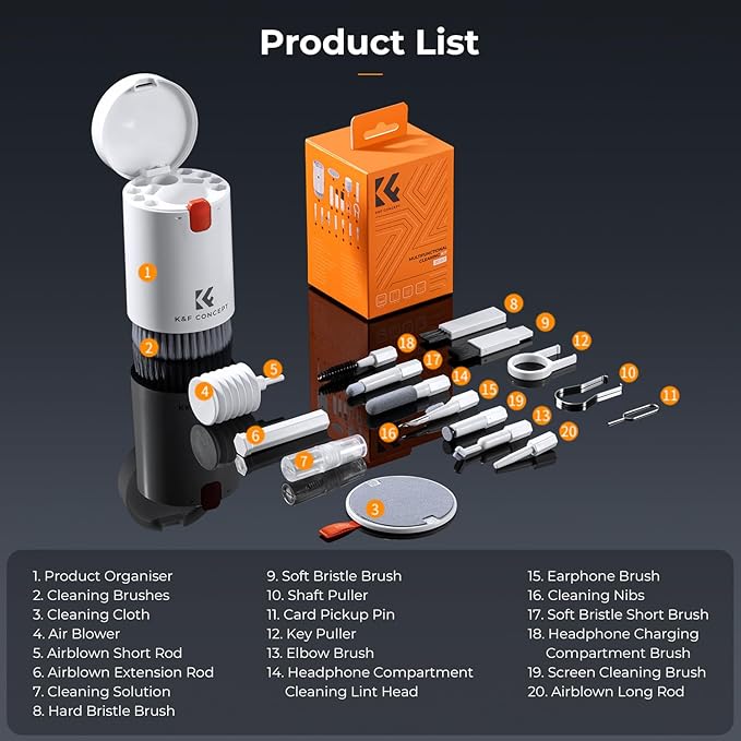 K&F CONCEPT 20-in-1 Keyboard Cleaning Kit Laptop Cleaner, Multifunctional Electronic Device Cleaning Tool, for iPhone AirPods MacBook iPad, Camera PC Monitor Earbud TV Tablet Screens