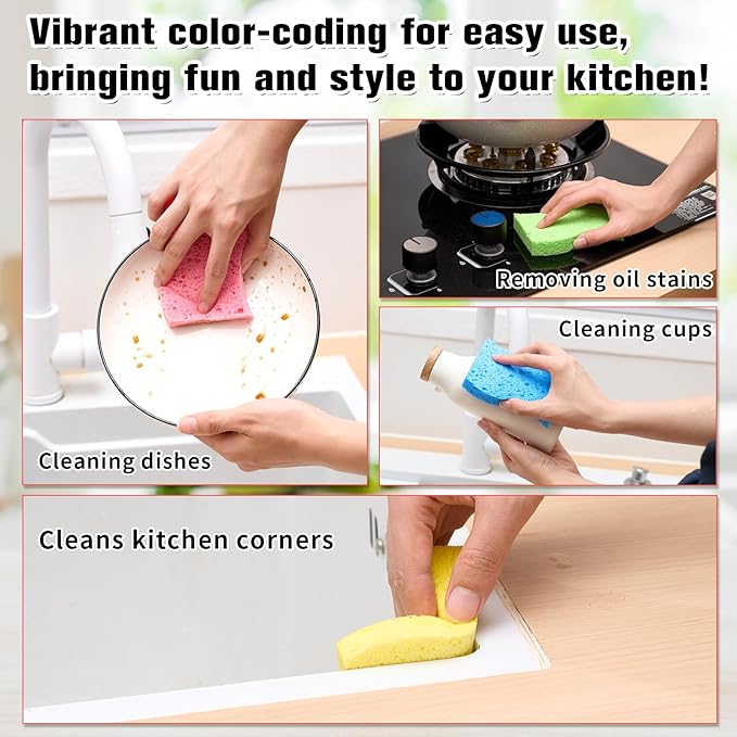 LemonRoad 48 Pcs Kitchen Scrubs Sponges Compressed Cellulose Wash Dishes Sponges for Kitchen Bathroom Cleaning Non-Scratch Natural Colorful Sponge for Washing Dishes Sink Cars Cut-Outs DIY