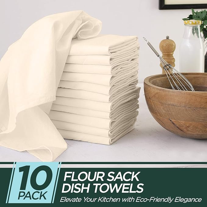 Flour Sack Kitchen Towels |Organic Cotton Blank Towel| Tea Towel Crafting Embroidery|Flat Thick Absorbent Quick Dry | Baking Bread Proofing Breathable Linen Cloth Cover Set of 10, 28 x 28 Inch, Ivory