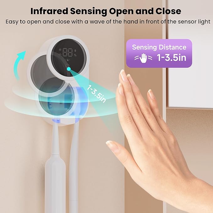 Toothbrush Holder and Cleaner Razor Holder/Dryer Light Cleaning and Air Drying Automatic Ratating Cover Rechargeable Wall Mounted for Bathroom Portable for Trip