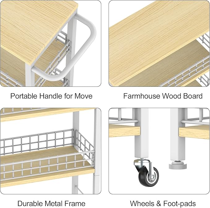 Slim Storage Cart White Narrow Storage Cabinet 4 Tier Laundry Room Organization Mobile Bathroom Shelving Unit Organizer Rolling Utility Cart Slide Out Kitchen Cart Tower Rack for Narrow Places 7.08’’W