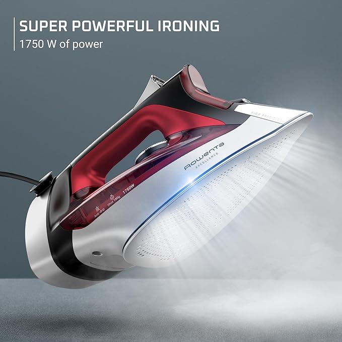 Rowenta, Iron, Focus Excellence Stainless Steel Soleplate Steam Iron for Clothes, Retractable Cord, 400+ Microsteam Holes, Powerful steam, LED Display, 1750 W Ironing Clothes, Cordreel, Red DW5433