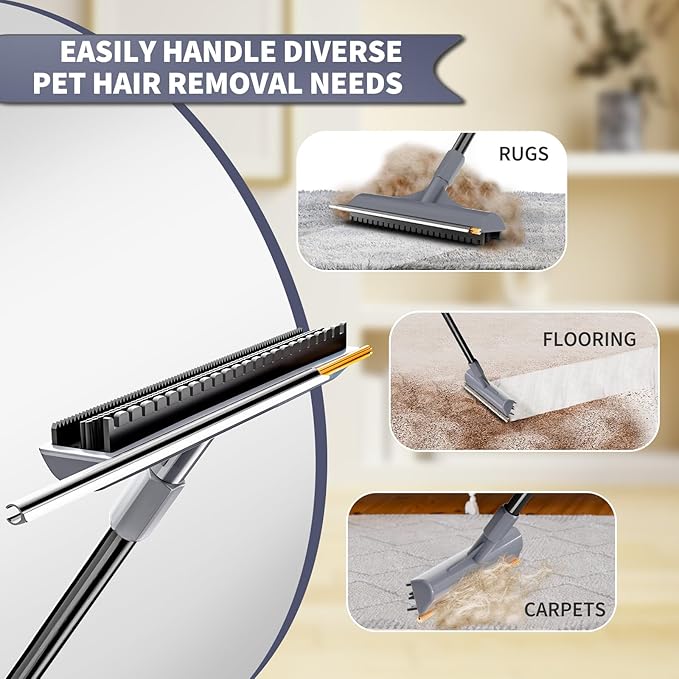 Carpet Rake for Pet Hair Removal - 3 in 1 Pet Hair Remover Tool with 58" Adjustable Long Handle,Reusable Dog & Cat Carpet Scraper,Pet Hair Remover for Rugs,Mats,Couch,Curtains(Gray)