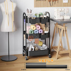 3 Tier Metal Rolling Cart with Lockable Wheels, Heavy Duty Three Tiered Baby Cart Organizer on Wheels, Black Utility Storage Trolley Carts for Art, Craft, Snack, Nursery, Diaper,Cleaning Supplies,Mesh