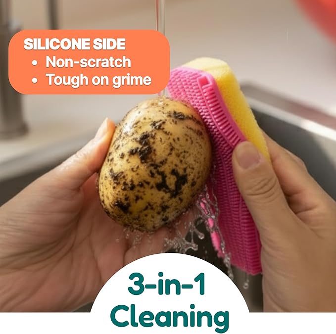 3-in-1 Silicone Scrubber Sponge with Squeegee – Non-Scratch Kitchen Sponge for Dishes, Sink & Bathroom, Quick-Dry, Reusable Cleaning Tool (Teal +Yellow)
