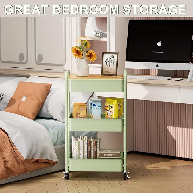 3 Tier Rolling Cart with Table top, Metal Rolling Utility Cart, Sturdy Storage Organizer Cart with Locking Wheels & Hooks for Office, Classroom, Kitchen and Bathroom