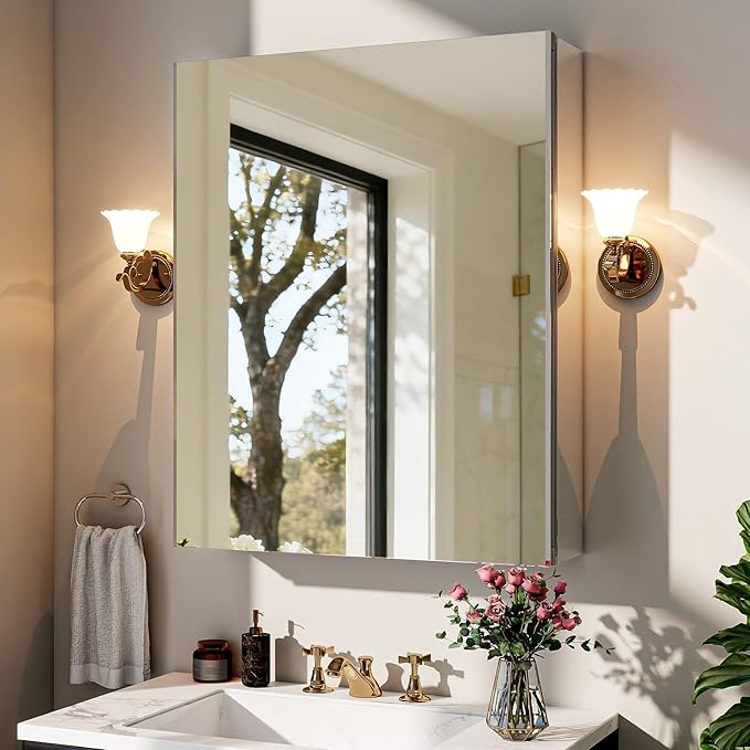 BEAUTYPEAK Bathroom Medicine Cabinet Mirror with Storage, 20 Inch x 24 Inch Silver Medicine Cabinet with Single Door & Adjustable Shelves for Vanity, Tempered, Aluminum Surface, Wall-mount or Recessed