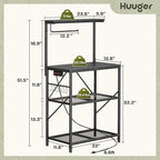 Huuger 4-Tier Bakers Rack with Reversible Power Outlet, 23.6 Inch Microwave Stand, Kitchen Bar, with Top Shelf, 6 S Hooks, Black