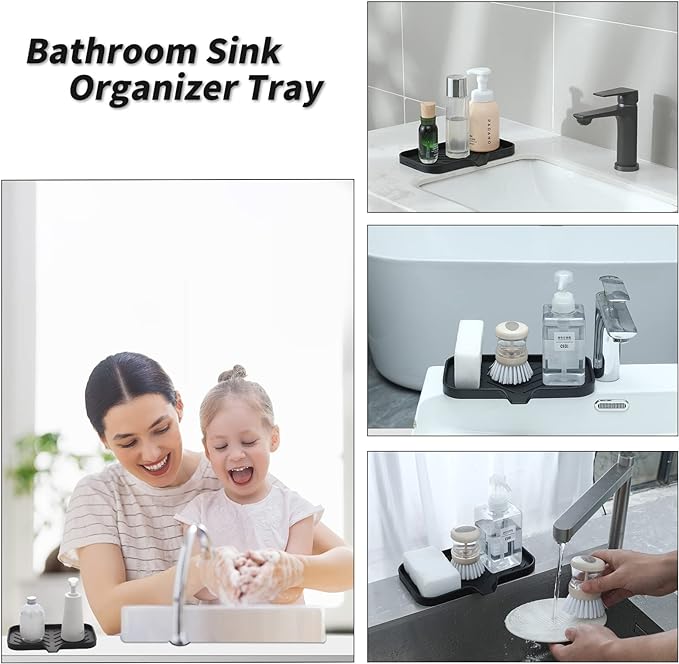 Silicone Bathroom Soap Dishes with Drain Spout-Bathroom and Kitchen Sink Organizer,Sponge Holder,Dish Soap Tray,Perfect for Dispenser,Scrubber,Bottle,Cup on Sink or Counter-Black 9.6"×5.3"