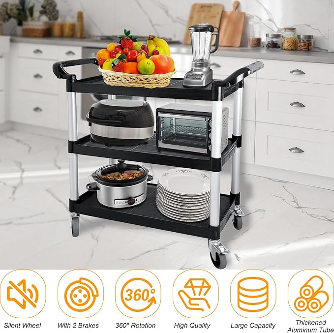 Plastic Utility Cart with Wheels, 3 Tier Rolling Cart with Lockable Wheels, Heavy Duty 510lbs Capacity Food Service Cart for Office, Restaurant, Kitchen, Home, Warehouse