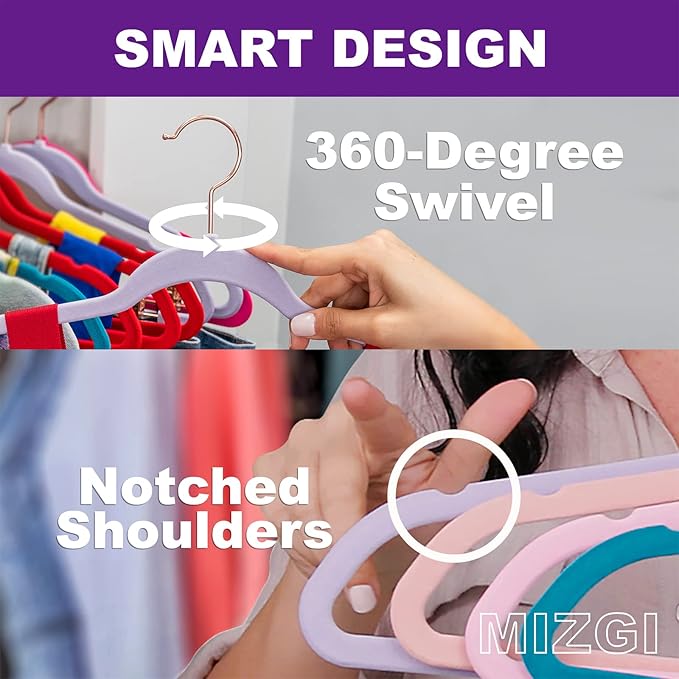 MIZGI Premium Velvet Hangers (60 Pack) Heavy Duty - Non Slip Felt Hangers - Velvet Suit Hanger Light Purple - Rose Gold Hooks,Space Saving Clothes Hanger