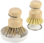 Bamboo Dish Brush Set with Holder - Natural Dish Scrub Brush for Cleaning Dishes, Fast Dry Design Kitchen Dish Brush for Sinks & Pots