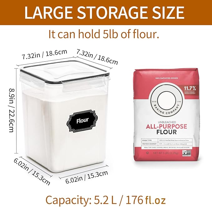 HKJ Chef 4 Pack Large Airtight Food Storage Containers with Lids (5.2L / 176oz), BPA Free Plastic Kitchen and Pantry Organization Contianers for Cereal Flour and Sugar Storage, Labels & Marker
