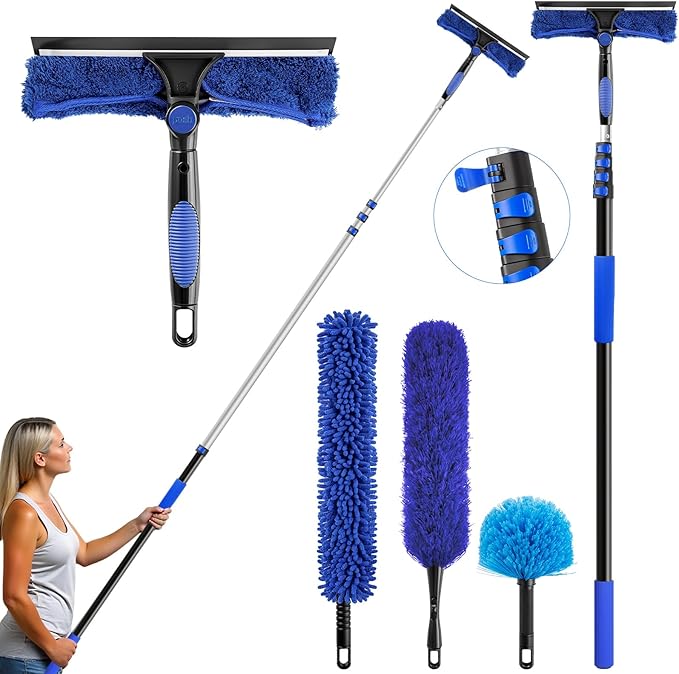 26 Feet High Reach Ceiling Fan Cleaner Duster, Window Washing Kit with Extension Pole, Aluminum 5-20 FT Telescopic Window Cleaning Squeegee Kit for Indoor Outdoor Use (Rotatable Head)