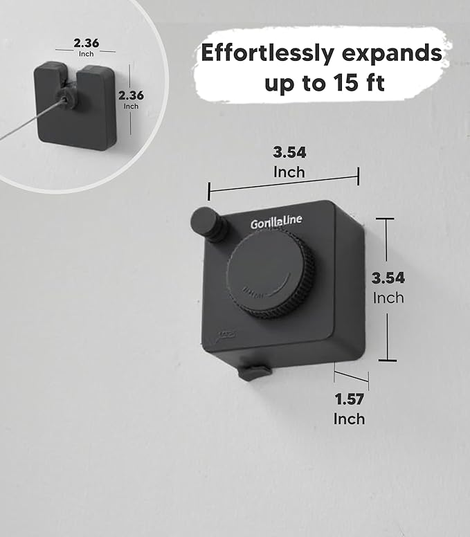 GorillaLine Basic - Retractable Clothesline Indoor Outdoor Clothes Line - Heavy Duty Clothes Drying Laundry Line - Wall Mounted Drying Rack - Air Dry Clothing - 15ft line Max Tighten with GorillaGrip