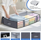 TasticTotes Under Bed Storage Containers, 4 Pack Blanket Storage Bags, Collapsible Storage Bags with Big Zippers, Clear Front, Shoe Storage and Organization for Clothes, Comforter, 75L, Grey