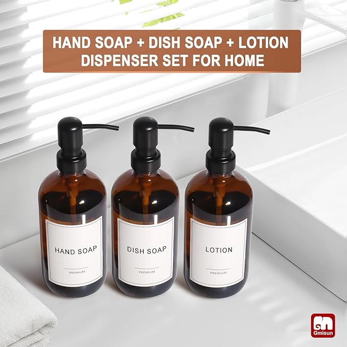 GMISUN Shampoo and Conditioner Dispenser, 3 Pack Amber Glass Bathroom Shampoo Conditioner Body Wash Dispenser with Pump for Shower, 17 Fl Oz Hand Soap Dish Soap and Lotion Dispenser Set for Kitchen