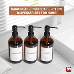GMISUN Shampoo and Conditioner Dispenser, 3 Pack Amber Glass Bathroom Shampoo Conditioner Body Wash Dispenser with Pump for Shower, 17 Fl Oz Hand Soap Dish Soap and Lotion Dispenser Set for Kitchen