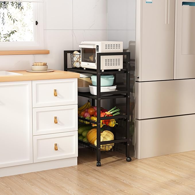 Four-Tier Metal Rolling Rack, Removable Metal Sheets, Grid Baskets with Wheels, Kitchen Storage Cart, Shelf for Pantry, Bathroom, Kitchen, Office, Garage, Black (Medium)